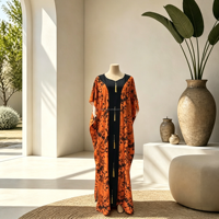 Robe longue d'été en coton pour femme africaine, style kaftan, imprimé tie-dye, à capuche, avec pompons dorés et bande centrale noire, grande taille, pour les vacances