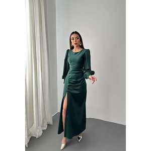 Robe de mariée en satin vert émeraude à fente latérale et fronces, vente en gros - Product Image 5