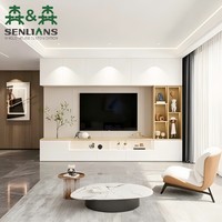 Meuble TV mural moderne et minimaliste crème sur mesure, cinq cubes de rangement ouverts, longue étagère multimédia, armoires sans poignées à ouverture par pression