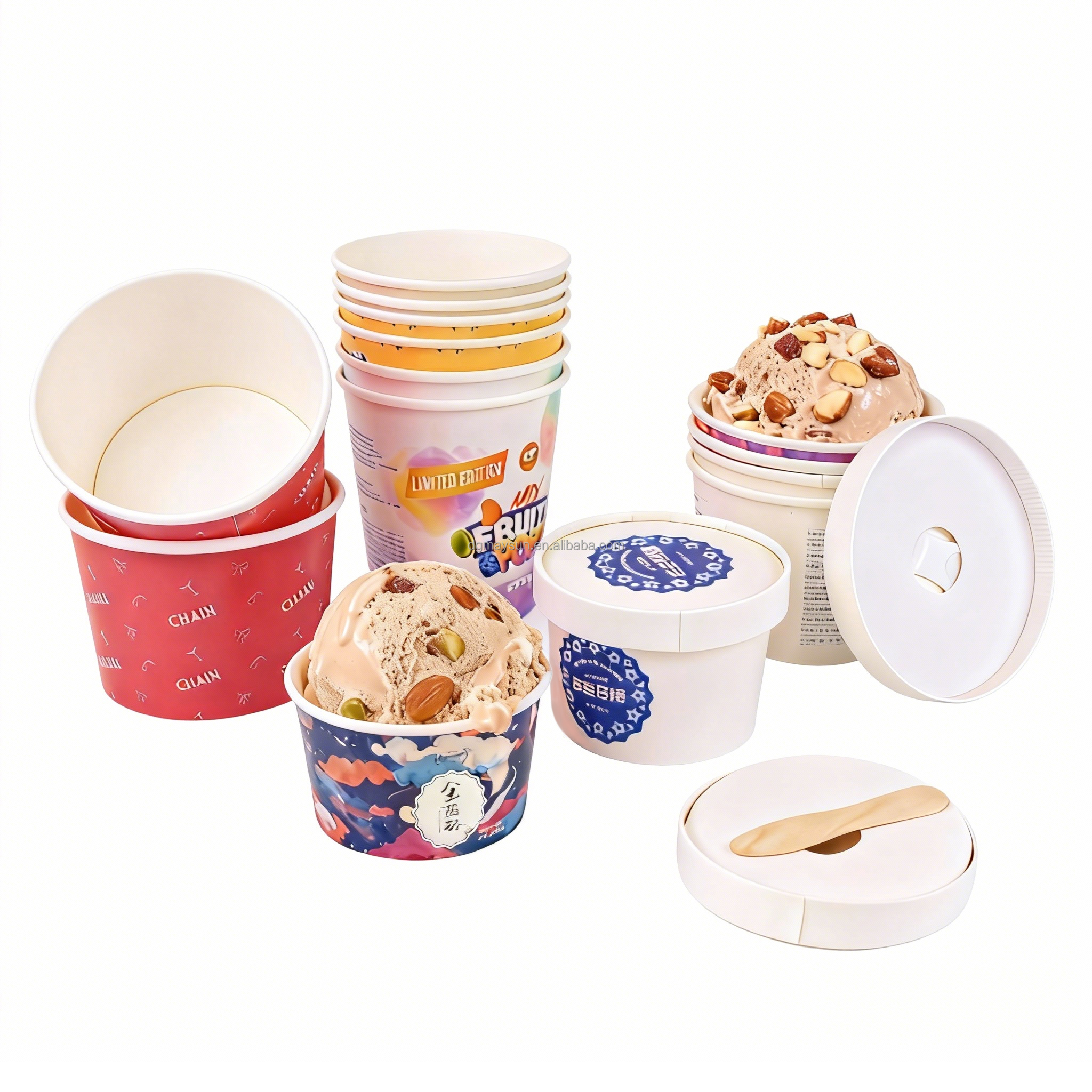 Wholesale Disposable Dessert Yogurt Ice Cream Frozen Fruit Packaging Container Tubs Paper Ice Cream Cup With Spoon