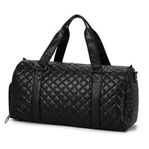 Plaid PU Leather Men's Travel Bag Large Capacity Fitness Shoulder Bag Unisex Multifunctional Handbag With Shoe Compartment