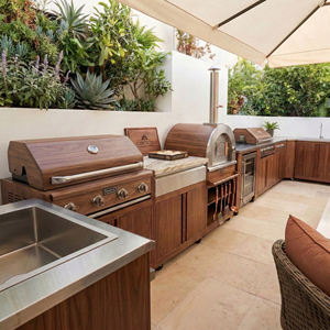 Custom Wood Grain Modular 304 Stainless Steel Outdoor Kitchen Antirust Durable SS304 Garden Outdoor Kitchen with <strong>BBQ</strong> Grill Sink - Product Image 1