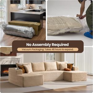 Sofá en Forma de U de 134.6 Pulgadas, Color <span class=keywords><strong>Beige</strong></span>, Doble Chaise Longue, Felpa, Espuma Viscoelástica, sin Estructura, para Sala de Estar, Envío Gratis, Disponible en EE. UU. - Product Image 5