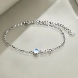 Wholesale New Design 925 Sterling Silver 9+2inch O Chain Moonstone Moon Phase Bracelet