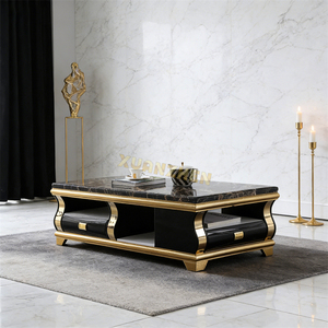Tavolino da Caffè Xuanzhen in Marmo Nero Moderno <span class=keywords><strong>con</strong></span> Base in <span class=keywords><strong>Legno</strong></span> Dorato e Vano Portaoggetti per Soggiorno - Product Image 1