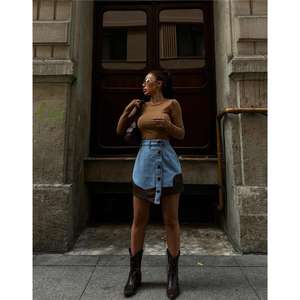 Short <b>Brown</b> <b>Denim</b> <b>Skirt</b> Vintage Asymmetric Design Button Closure Leather Trim for Casual Formal Wear for Summer Autumn Seasons - Product Image 3