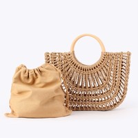 Tas Jerami Kertas Anyaman Tangan Berkualitas Tinggi, Model Berongga, Tas Pantai Liburan Musim Panas, Tas Tangan Semi-lingkaran Gaya Boho untuk Perjalanan Sehari-hari