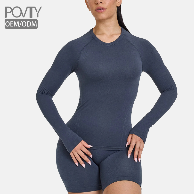 POVTY Custom Front Women's Lightweight Long Sleeve Yoga Fitness Tops Seamless Breathable Four-Way Stretch Slim Fit Skinny