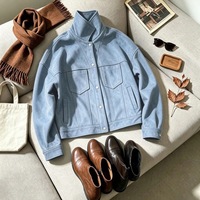 Veste courte ample en faux daim pour femme, col montant, multi-poches, style vintage décontracté