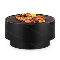 Brasero rond en acier 3-en-1 de 60 cm avec plateau amovible en bambou et grille chromée pour bois et charbon de bois, idéal pour jardin, patio et cour.