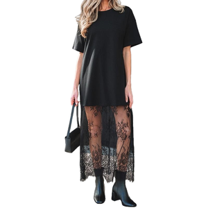 Abito T-Shirt Casual Estivo da <span class=keywords><strong>Donna</strong></span> 2026 con Sovrapposizione in Pizzo Trasparente - Product Image 1