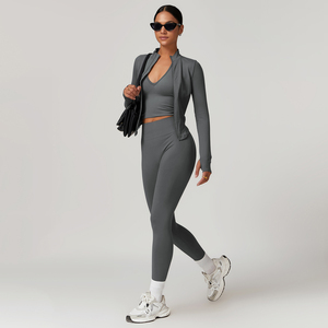 Giacca da Yoga senza cuciture da donna <span class=keywords><strong>Leggins</strong></span> per Fitness reggiseno sportivo con cappuccio pantaloncini da motociclista 4 pezzi da ginnastica Conjuntos De Yoga Leggings Set di Mujer - Product Image 2