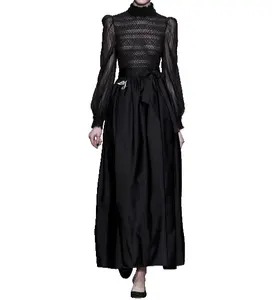 Spring Chiffon Maxi Chiffon Dresses Long Sleeves Belted Lace Mix Chiffon Dress For Women