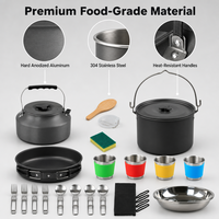Ensemble d'accessoires de camping en plein air, grande marmite suspendue, poêle extra large, tasses, assiettes, fourchettes et cuillères en acier inoxydable