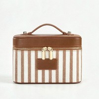 Trousse de toilette rayée en toile pour femme avec garniture en PU, insert organisateur amovible et sangles pour pinceaux, idéale pour le rangement de maquillage en voyage