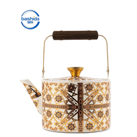Bouilloire à café de luxe en acier inoxydable de style arabe, décoration Ramadan, motif géométrique émaillé, poignée en bois, théière