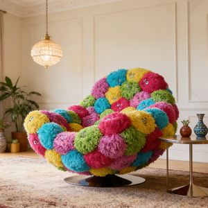 Fauteuil pivotant en forme de baril, multicolore et vibrant, avec revêtement en fourrure, idéal comme accessoire de photographie esthétique, pour l'aménagement de <span class=keywords><strong>boutique</strong></span> ou comme canapé lounge original. - Product Image 2