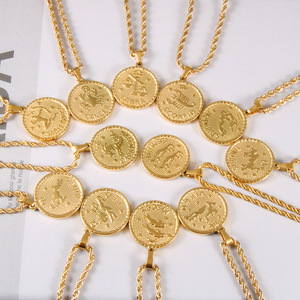 Collar con Colgante de Moneda de los 12 Signos del Zodíaco al por Mayor, de Acero Inoxidable con Baño de Oro PVD, Collar con Colgante de Amuleto de los 12 Signos del <span class=keywords><strong>Mes</strong></span> - Product Image 1