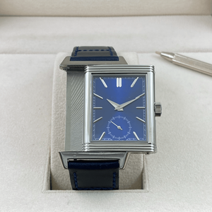 Montre mécanique rectangulaire Art Déco, boîtier en acier poli, cadran bleu, bracelet en cuir véritable, petite seconde, complication - Product Image 3