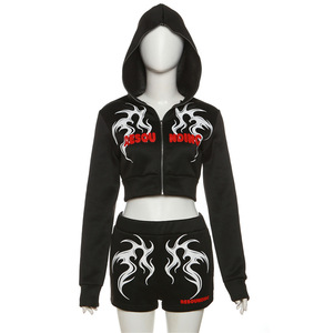 Street Print Nouveaux Ensembles Assortis Casual Crop Hoodie + Shorts Match 2024 Pu Veste En Cuir <span class=keywords><strong>Jupe</strong></span> <span class=keywords><strong>Noir</strong></span> Sexy Rivet À Capuche Soutien-Gorge Ensemble - Product Image 5