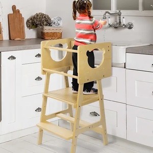 Children's Solid Wood <b>Kitchen</b> Stool With Handrails Foldable Toddler <b>Step</b> Stool For Kids Scandinavian Design - Product Image 2