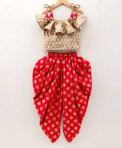 Ensemble haut brodé et pantalon dhoti imprimé pour filles Twisha, beige et rouge, vêtements de fête, de mariage et de cérémonie pour enfants (6 mois à 14 ans) - Product Image 1