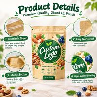 Op maat bedrukte staande pouches, food grade, hersluitbaar met zip, voor gedroogd fruit, noten en snacks.