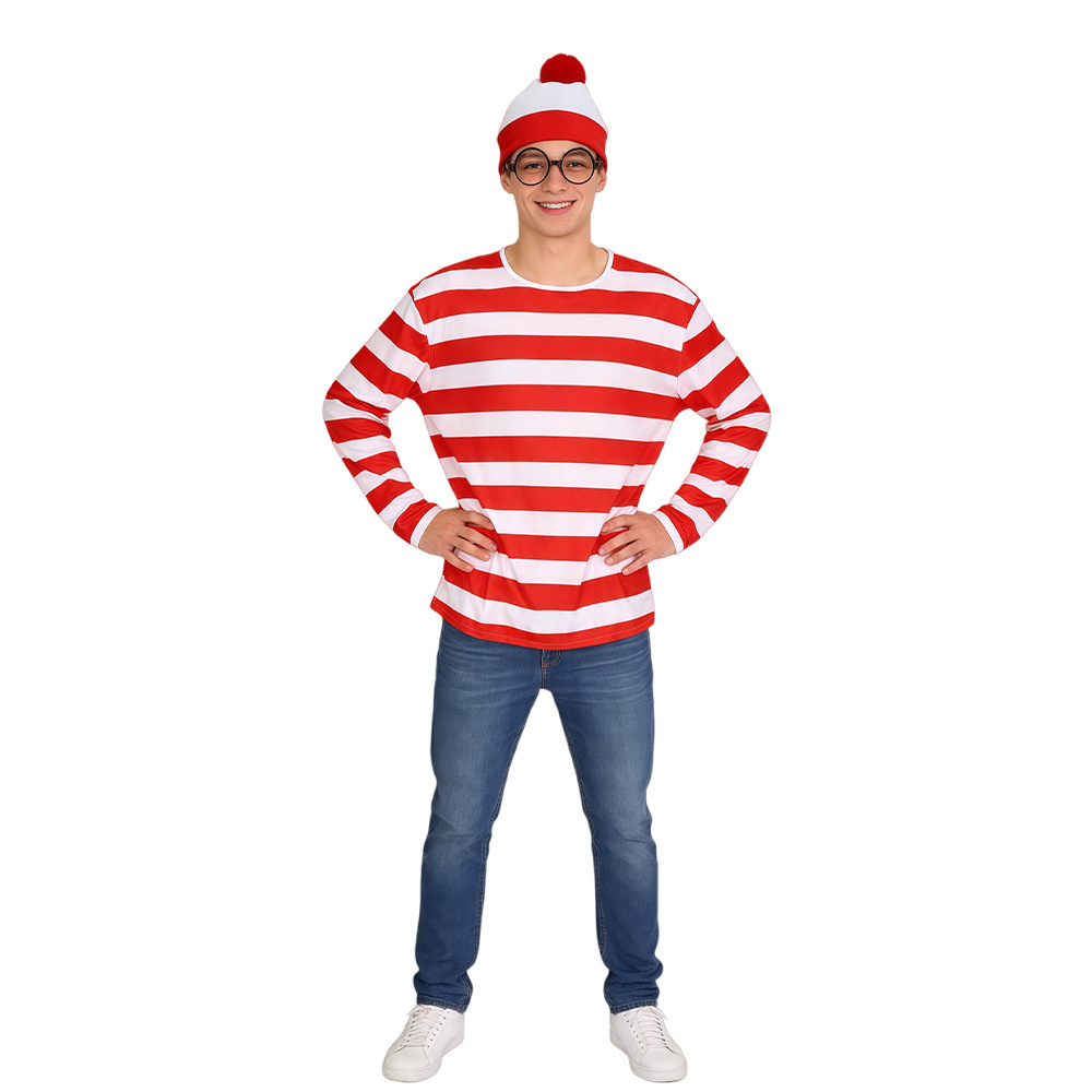 Adult male (shirt, hat, glasses frames)