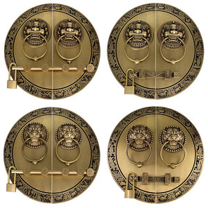 Poignée de porte en laiton de style chinois, design tête de lion, anneau de traction rond avec loquet et serrure pour porte en bois - Product Image 5