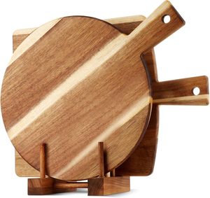 Paquete de 2 Tablas de Madera de Acacia con Soporte, Tablas de Charcutería para Cocina, Juego de Tablas de Cortar Redondas y Rectangulares de Madera para Queso, Carne, Pizza - Product Image 1