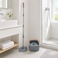 Ensemble serpillière plate et seau essoreur avec manche télescopique en acier inoxydable, tête pivotante à 360 degrés et tampon en microfibre pour usage domestique