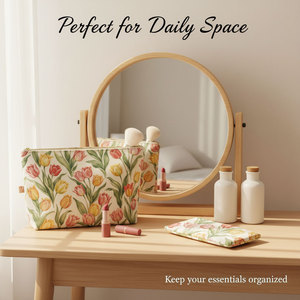 Ensemble de trousses de toilette en toile imprimée vintage avec motif de <span class=keywords><strong>tulipes</strong></span>, personnalisées par Royal Fair, avec fermeture éclair, pour femmes - Product Image 4