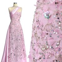 Tissu en dentelle de tulle 3D à motif floral, orné de perles et de paillettes, pour robe de mariée, de soirée ou de sirène