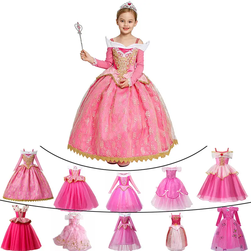 Girls Aurora Dress Various Pink Long Sleeves Off Shoulder Lace Robe Kids Christmas Gift Fancy Princess Dress