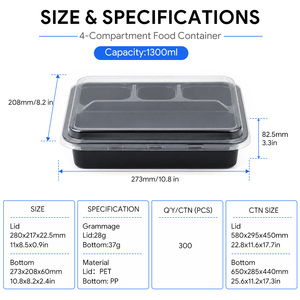 Bandeja de plástico desechable para llevar, de calidad alimentaria, apilable, con 4 compartimentos, apta para microondas y refrigerador, para restaurantes y catering. - Product Image 2