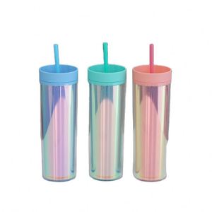 Bouteille d'eau isotherme personnalisée 500 ml à double paroi en plastique, design minimaliste, avec couvercle plaqué or rose et paille intégrée - Product Image 1