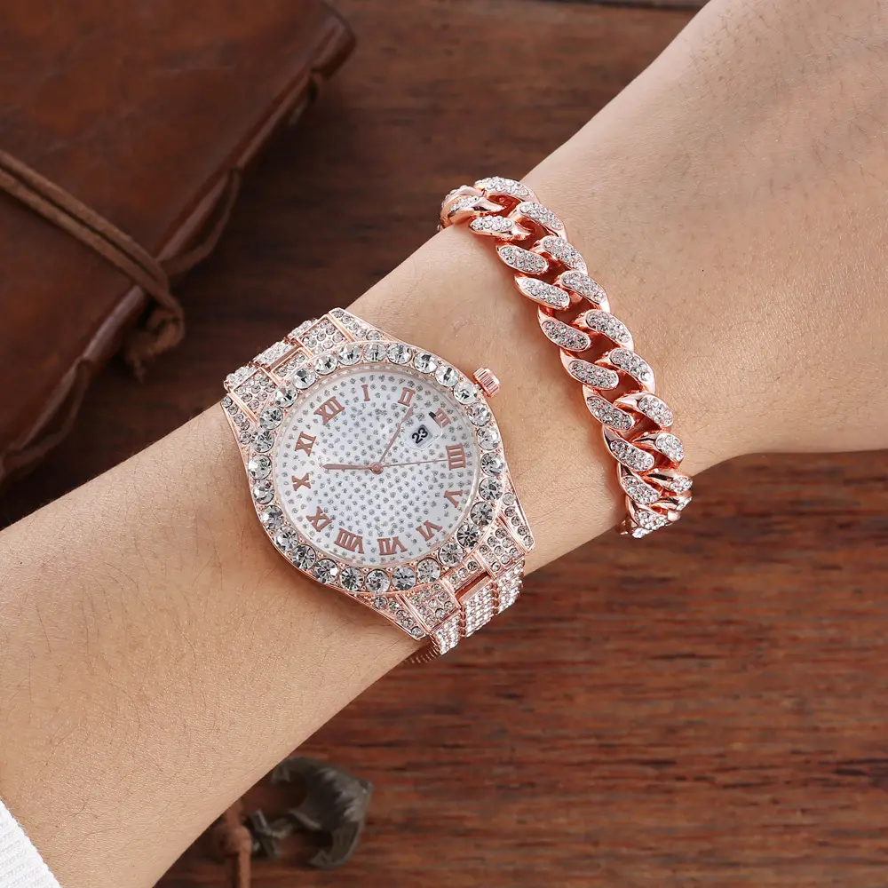 Klassiek Design Crystal Mannen Vrouwen Paar Horloge Set Met Armband Cadeau Horloge Set Hiphop Chunky Ketting Armband Horloge