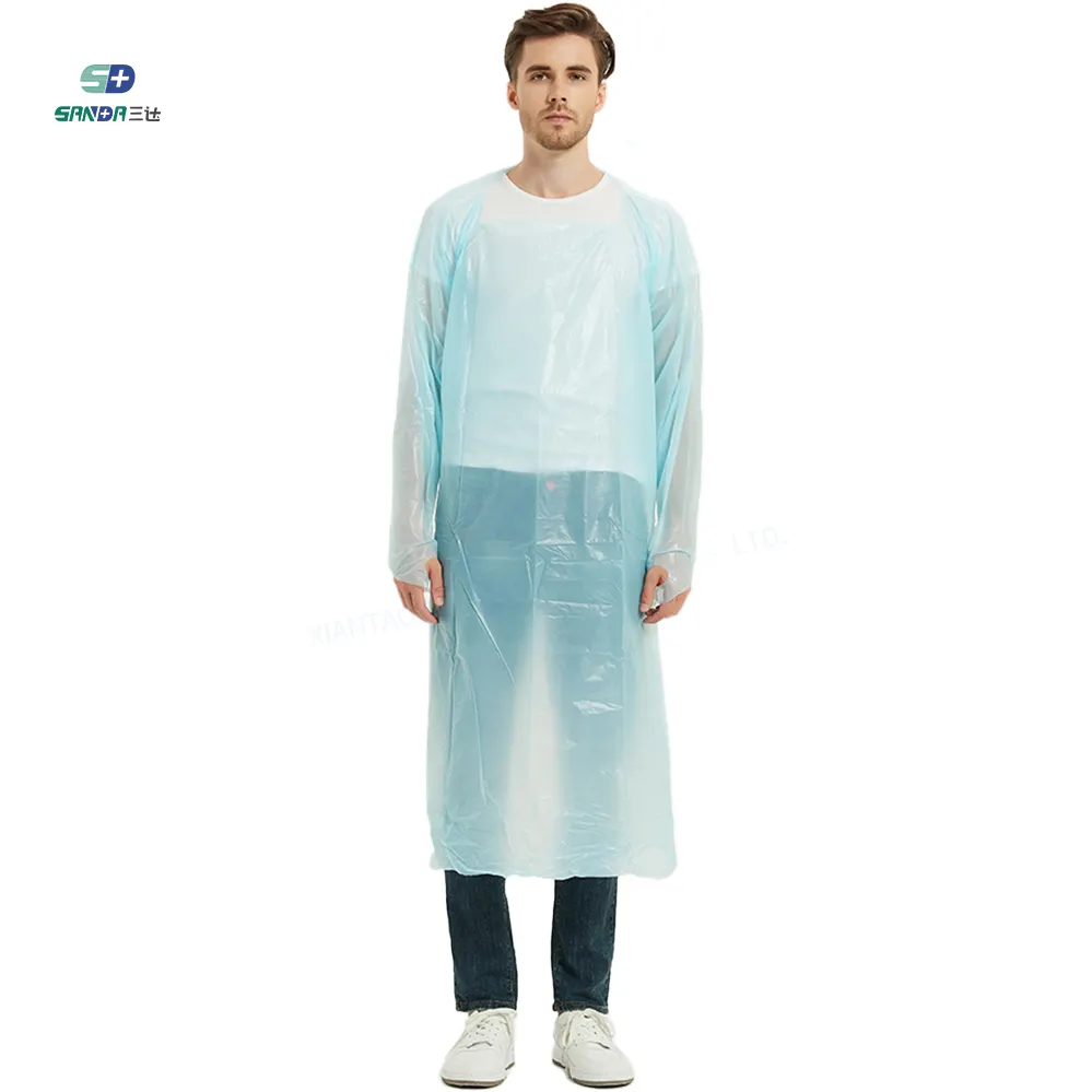 فستان مريلة من البولي إيثيلين CPE للاستخدام لمرة واحدة من البلاستيك بأكمام طويلة جراحي طبي مضاد للماء ومخصص