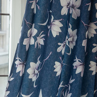 Tela de Cortina Estampada 100% Poliéster, Estilo Americano, Diseño Floral Grande, Color Azul Marino, Venta al Por Mayor