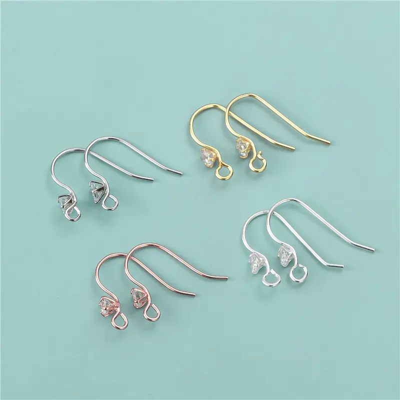 Pave Zircon French Hooks 925 Sterling Silver Ear Wires with Zircon For Jewelry Making, Simple Earring Hooks with Loop