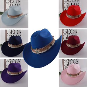 Chapeau de cowboy en polyester à large bord avec bande étoilée, accessoire de mode pour l'été en plein air - Product Image 1