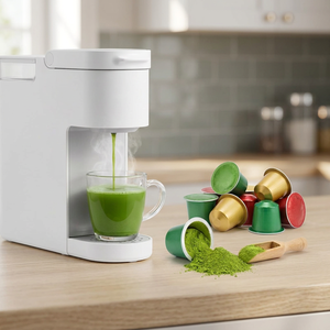 Cápsulas de Té Verde Matcha para Cafetera Individual con Matcha Recién Preparado en Taza de Vidrio y Polvo de Matcha Suelto - Product Image 1