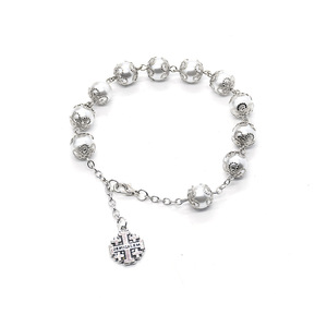 Braccialetto <span class=keywords><strong>Rosario</strong></span> Cattolico in <span class=keywords><strong>Argento</strong></span> con Perle di Vetro e Croce, Gioielli Religiosi Cristiani 2024 - Product Image 1