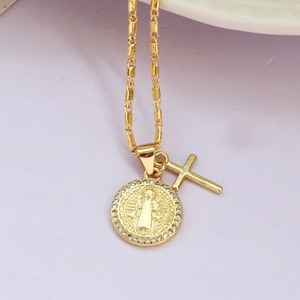 NZ1675 Collar con Colgante de Doble Dije de Oro 18k y Circonitas, con San Benito, Jesús Malverde, Virgen <span class=keywords><strong>del</strong></span> <span class=keywords><strong>Valle</strong></span> y Cruz, Joyería para Dama - Product Image 5