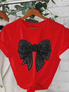 OEM personnalisé femme été rouge t-shirt avec avant paillettes perlées <span class=keywords><strong>noir</strong></span> grand nœud col rond confortable coton Sexy Y2k hauts pour femme - Product Image 3