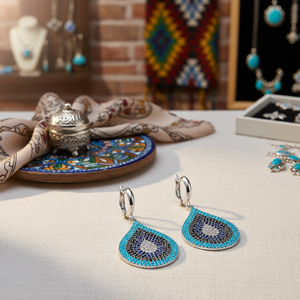 Boucles d'oreilles pendantes en turquoise et pierre bleue à clip pour femme, bijoux en argent sterling faits à la main en gros turc - Product Image 3