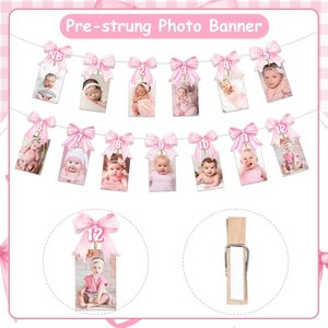 Decoraciones de Primer Cumpleaños con Lazo Rosa, Banner 'Las Niñas Solo Quieren Ser de 1 Año', Banner Fotográfico de 0 a 12 Meses para Fiesta de Cumpleaños con Lazo - Product Image 3