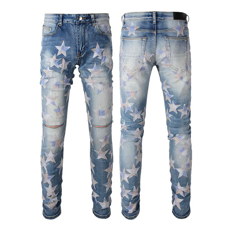 Quần Bò Nam Xu Hướng Đường Phố Ngôi Sao Năm Cánh Quần Legging Denim Cho Nam Và Quần Jean Nam Xu Hướng Mới Thiết Kế Hàng Nhà Sản Xuất