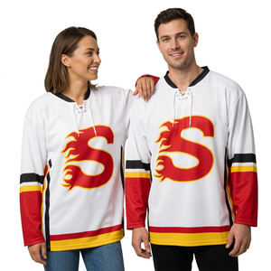 Custom Ice Hockey Jersey Flame S Logo Sublimated Print Unisex <b>White</b> Red Yellow Full Sleeve V-Neck <b>Tie</b> Closure Adult Size 100% - Product Image 1