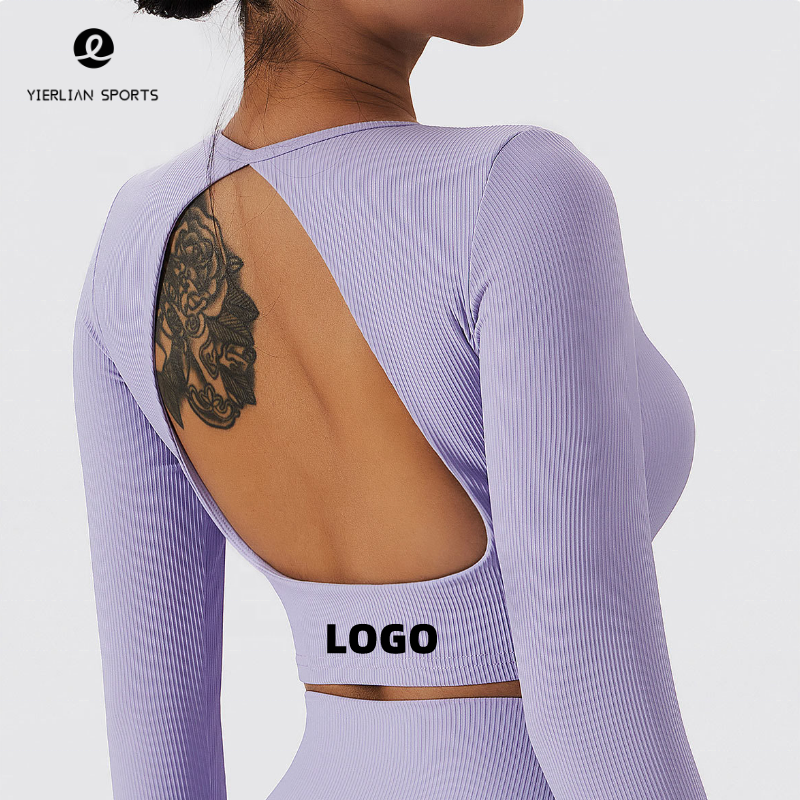 High Quality Seamless Breathable Quick Dry Yoga Fitness Gym Long Sleeve Crop Tops Workout Open Back Design for Women